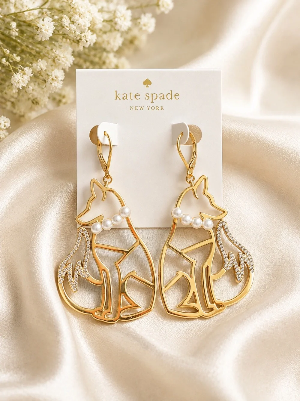 Kate Spade Gold Cat Pearl Rhinestone Dangle Earrings NWT